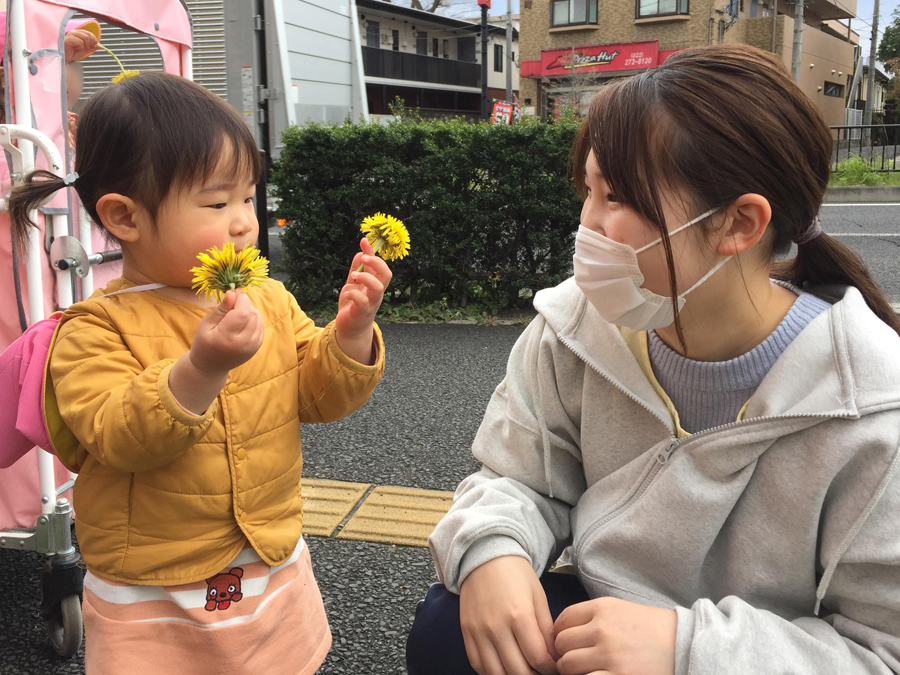 たんぽぽに興味しんしんのお子さんと、見守る先生の写真