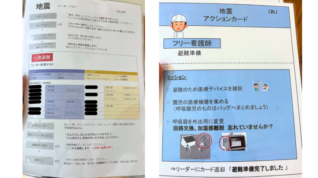 リーダーとなる人と医療機器関連の対応をする人（看護師）用の2枚のアクションカードを並べた写真。